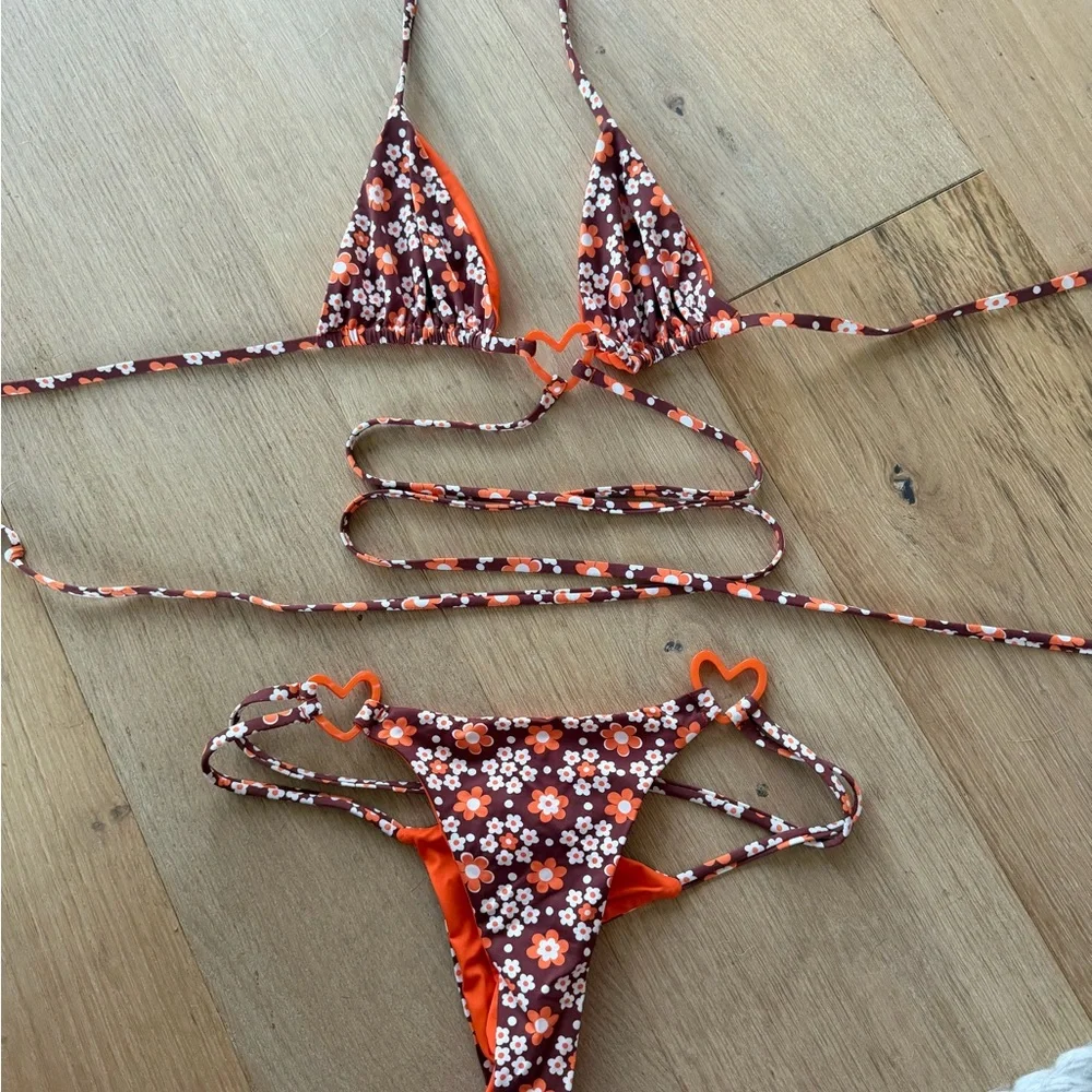 Floral Heart-Accent String Bikini - Brown & Orange